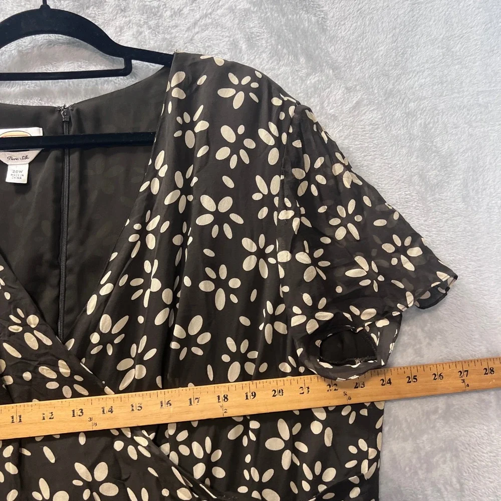 Talbots Dress Woman 20W Pure Silk Floral Midi   V-Neck Short Sleeve Brown